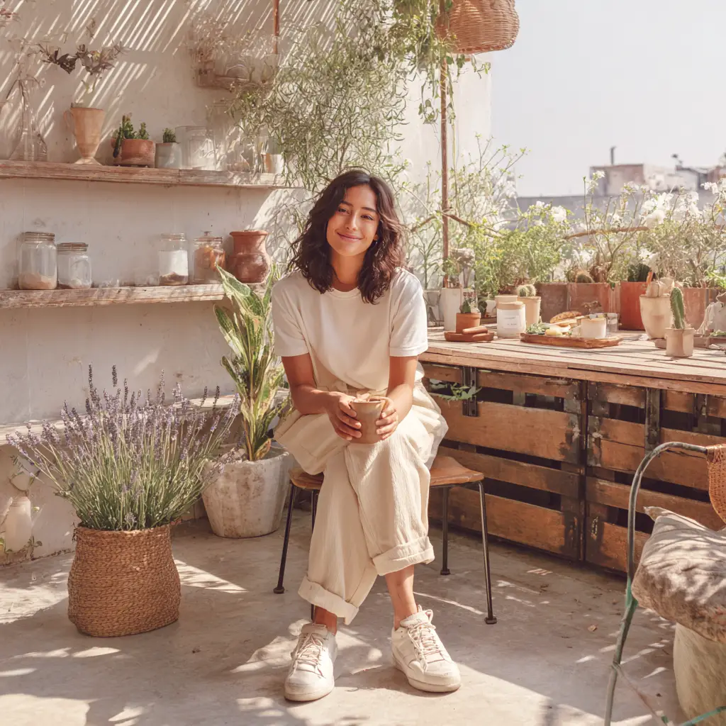 mujer sentada en terraza urbana satisfecha de su menstruación sostenible
