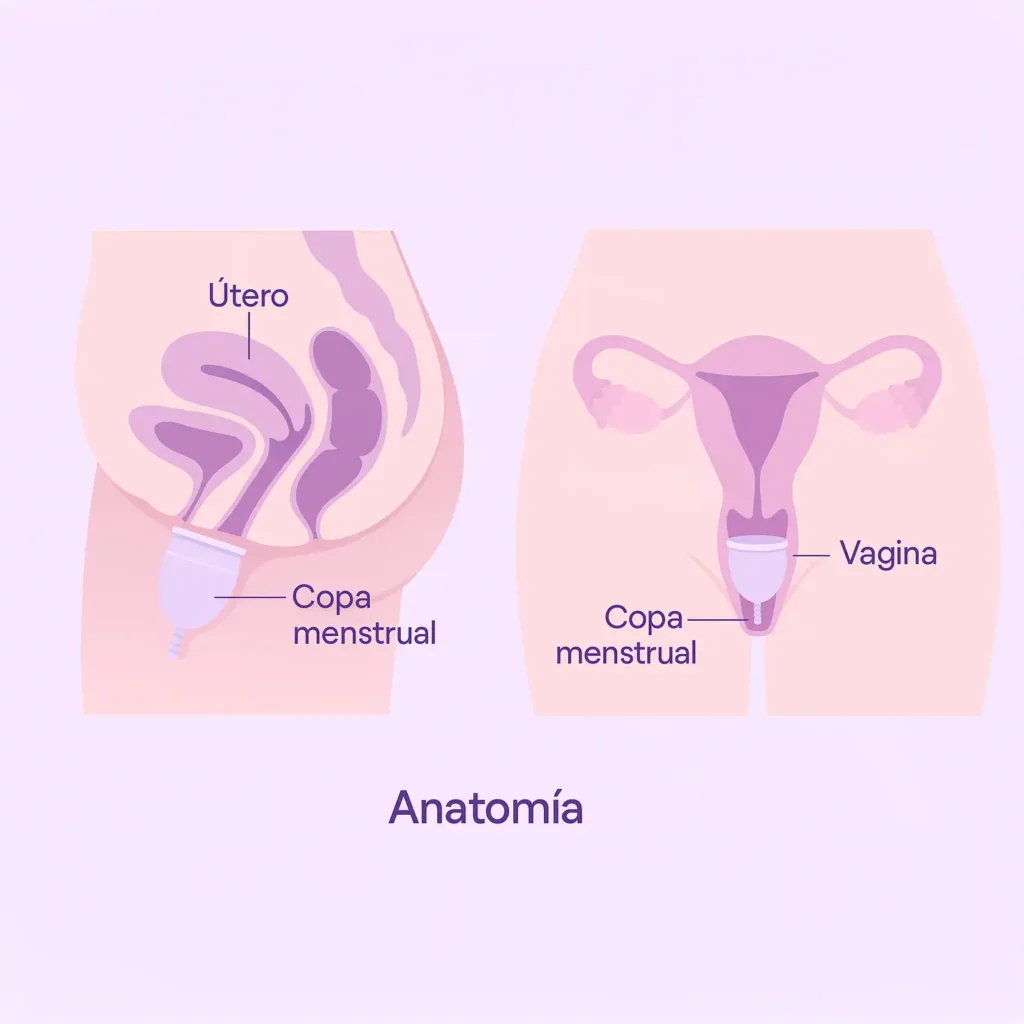 Ilustración educativa que aclara Mitos y Dudas sobre la Copa Menstrual mostrando la anatomía de la vulva y la ubicación del himen, con un estilo respetuoso y claro.