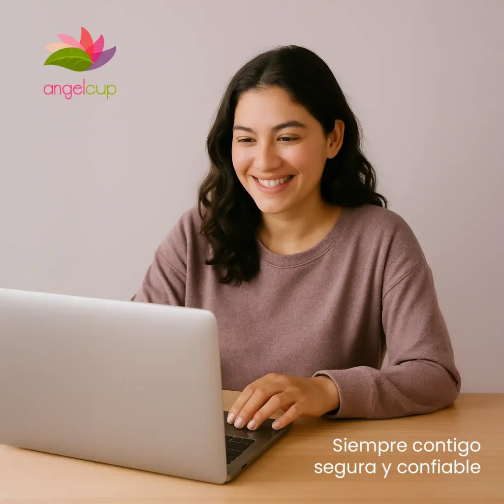 mujer en su computadora investigando acerca de la copa menstrual Angelcup y cómo , representa la solución a los mitos y dudas.