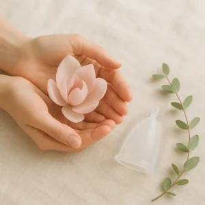 Copa menstrual Angelcup junto a manos cuidando una flor