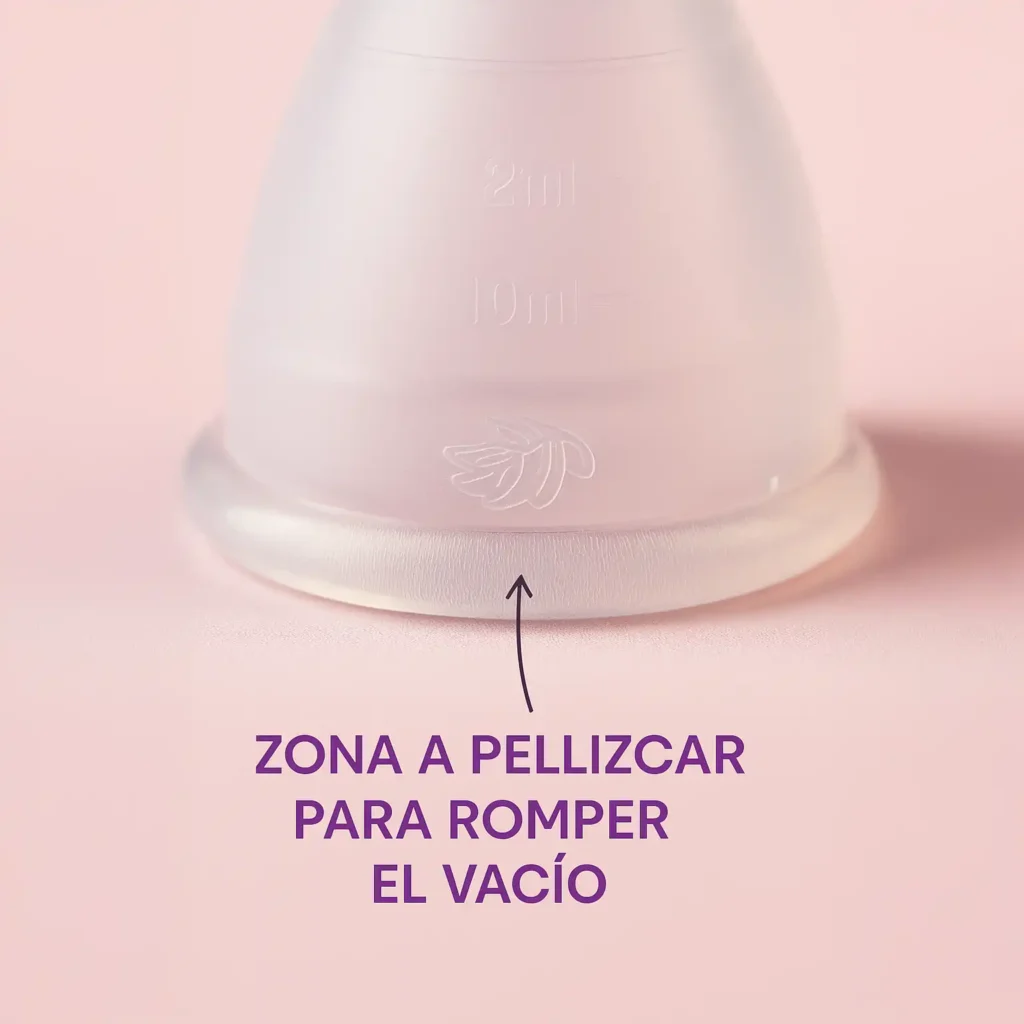 Primer plano de cómo pellizcar la base de la copa Angelcup para romper el vacío, un paso clave para usarla con DIU.
