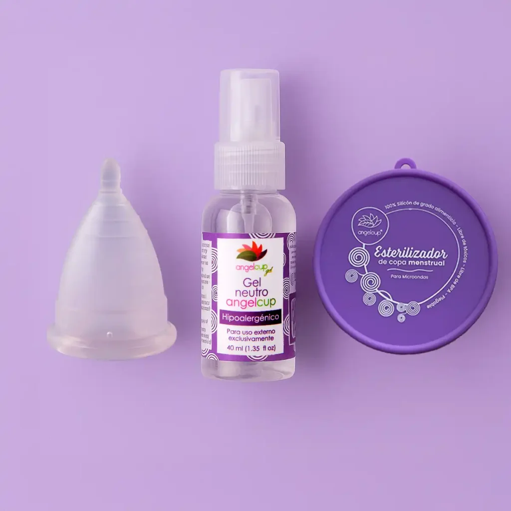 Soluciones Angelcup para el autoconocimiento íntimo: copa menstrual, vaso esterilizador y gel de limpieza para una rutina segura.