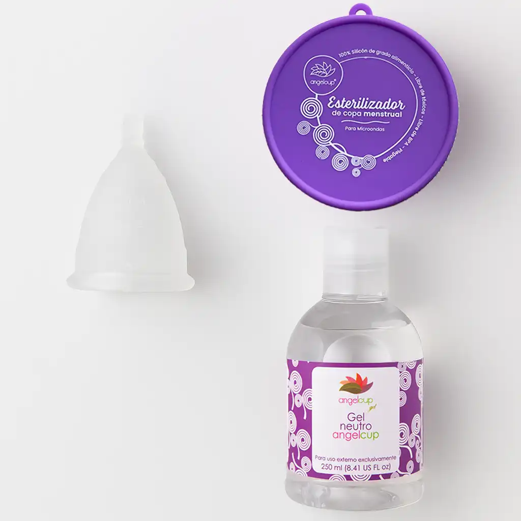 Kit de higiene Angelcup para prevenir infecciones: copa menstrual, vaso esterilizador y Gel Neutro.