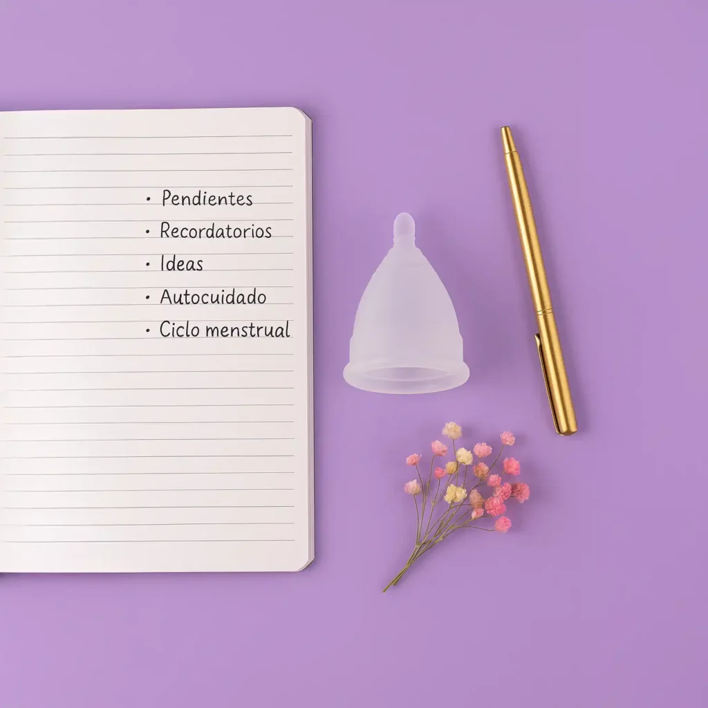 Una libreta con texto escrito junto a su copa Angelcup, representando el proceso de autoconocimiento para sanar el dolor íntimo.