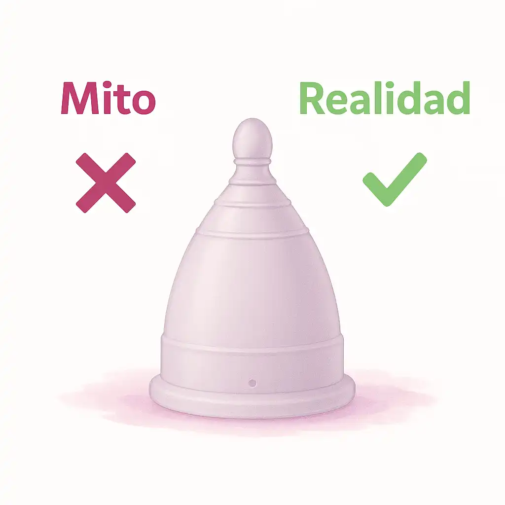 Infografía comparando mitos y realidades sobre el dolor durante el sexo y el uso de la copa menstrual Angelcup como aliada.