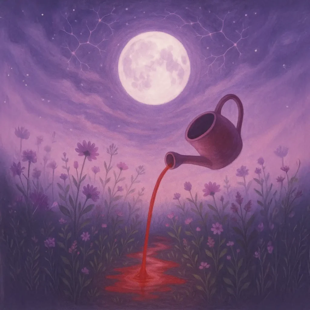 Representación del ritual 'sembrar la luna', un uso consciente de la sangre menstrual para honrar la conexión con la Tierra.