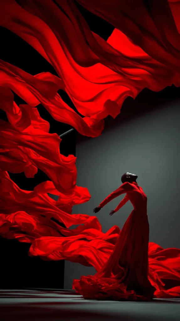 Mujer liberando una tela roja que simboliza la sangre menstrual, transformando el tabú en libertad con Angelcup.
