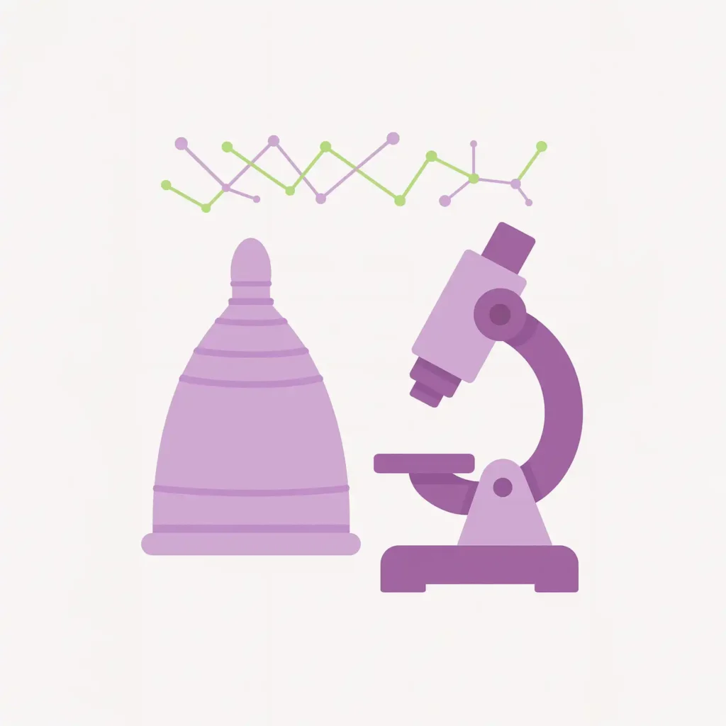 Ilustración que conecta la copa menstrual Angelcup con la ciencia, mostrando el potencial de las células madre de la sangre menstrual.