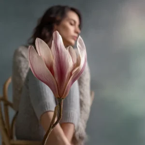 flor en primer plano con mujer preocupada fuera de foco