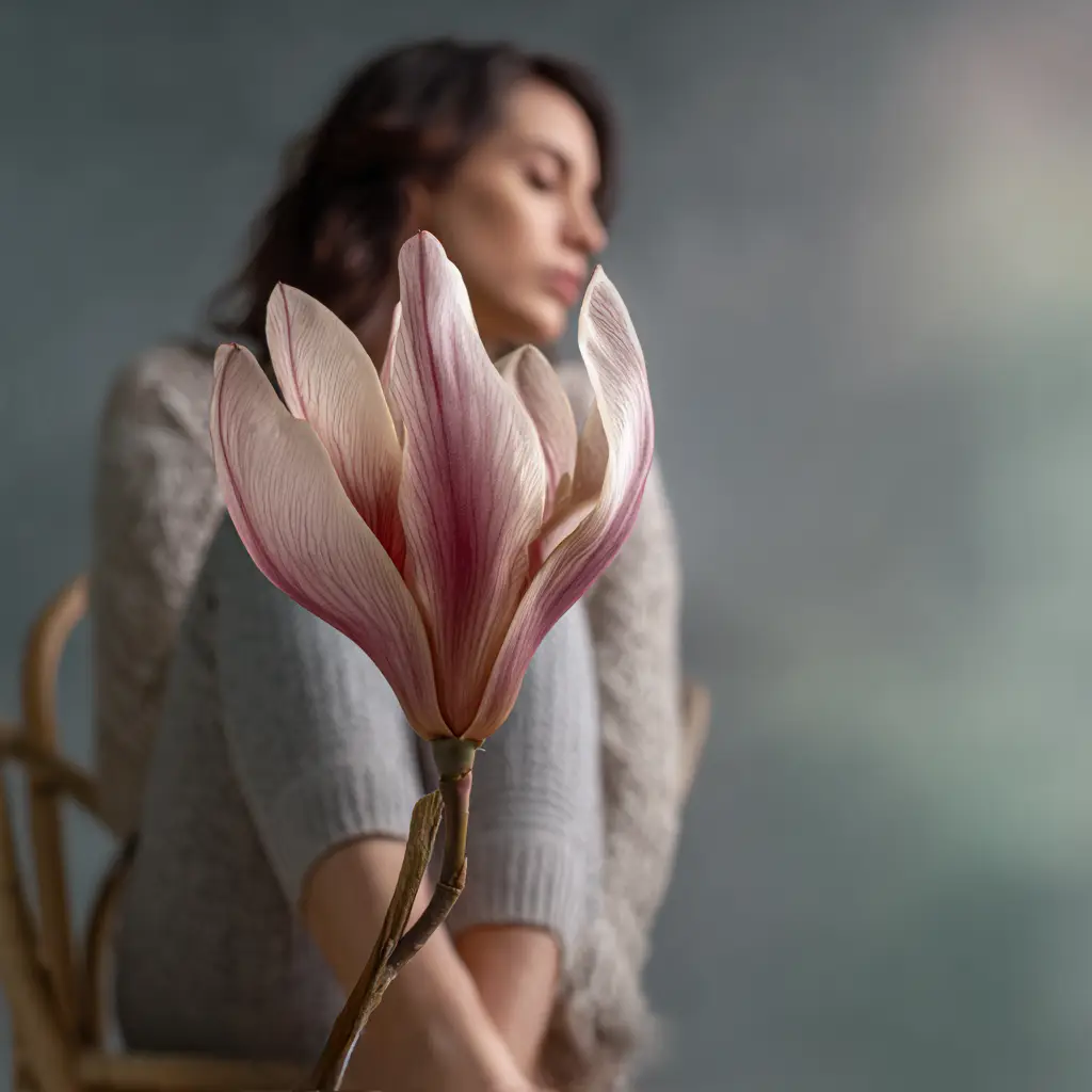 flor en primer plano con mujer preocupada fuera de foco
