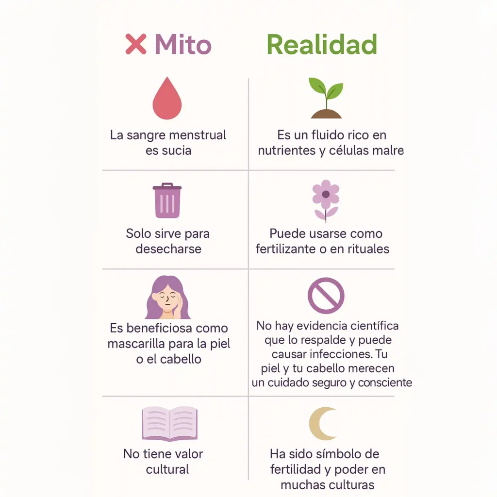 Tabla comparativa que desmiente mitos y afirma realidades sobre los usos conscientes de la sangre menstrual, fomentando una visión informada.