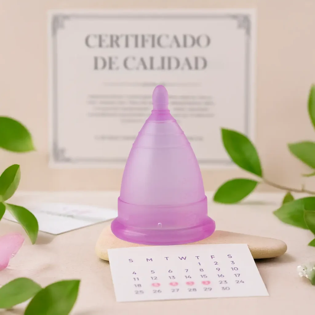 Primer plano de una copa menstrual Angelcup de silicón grado médico, destacando su calidad certificada y sus beneficios.