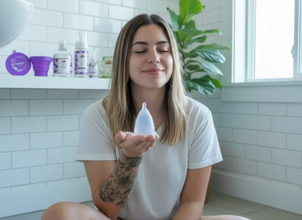 Mujer joven sentada en un baño iluminado por la luz natural, sosteniendo una copa menstrual Angelcup con serenidad. Al fondo se observan productos de limpieza Angelcup y plantas, simbolizando bienestar, salud íntima y sostenibilidad.