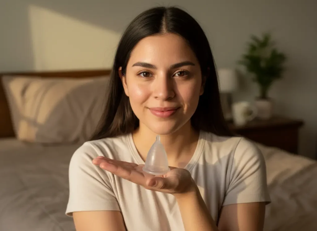 Mujer joven sonriendo mientras sostiene una copa menstrual Angelcup sobre la palma de su mano. Está en una habitación iluminada con luz cálida natural, con una cama y una planta al fondo, transmitiendo bienestar, confianza y la simplicidad de un ciclo menstrual más libre y consciente.