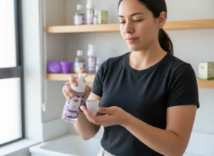 Mujer aplicando gel neutro Angelcup para limpiar una copa menstrual. La escena muestra un entorno luminoso y ordenado, con estantes que contienen productos de la marca en el fondo. Transmite higiene, cuidado y responsabilidad ecológica, reforzando el mensaje de ahorro y bienestar de Angelcup.