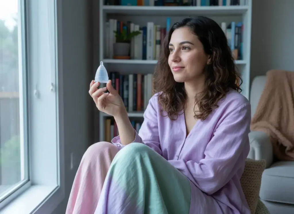 Mujer joven sentada junto a una ventana, sosteniendo una copa menstrual Angelcup y mirando al exterior con expresión tranquila. Viste ropa cómoda en tonos suaves y el ambiente transmite calma, reflexión y bienestar, representando una elección inteligente y consciente para su economía y salud.