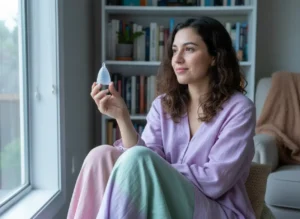 Mujer joven sentada junto a una ventana, sosteniendo una copa menstrual Angelcup y mirando al exterior con expresión tranquila. Viste ropa cómoda en tonos suaves y el ambiente transmite calma, reflexión y bienestar, representando una elección inteligente y consciente para su economía y salud.