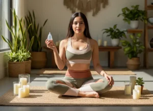 Mujer sentada en posición de meditación sobre una esterilla, sosteniendo una copa menstrual Angelcup con serenidad. A su alrededor hay velas encendidas y plantas, en un espacio luminoso que transmite calma, equilibrio y conexión con el cuerpo.