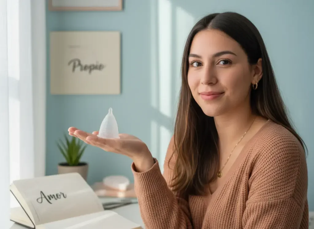 Mujer joven sonriendo mientras sostiene una copa menstrual Angelcup sobre la palma de su mano. Está sentada junto a una ventana con luz natural, frente a una libreta abierta con la palabra “Amor” y una planta en el fondo, transmitiendo bienestar, confianza y autocuidado consciente.