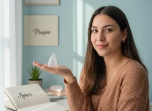 Mujer joven sonriendo mientras sostiene una copa menstrual Angelcup sobre la palma de su mano. Está sentada junto a una ventana con luz natural, frente a una libreta abierta con la palabra “Amor” y una planta en el fondo, transmitiendo bienestar, confianza y autocuidado consciente.