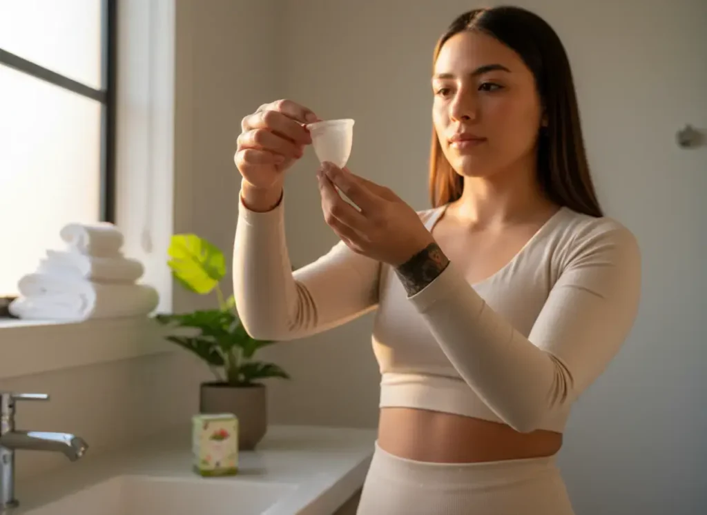 Mujer en un baño iluminado por luz natural observando una copa menstrual Angelcup con atención. A su alrededor hay una planta, toallas blancas y una caja del producto, creando un ambiente limpio y tranquilo que refleja cuidado, aprendizaje y bienestar.