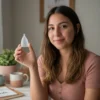 Mujer joven sentada junto a una ventana sosteniendo una copa menstrual Angelcup y sonriendo con naturalidad. En la mesa se observan una libreta, tazas y una planta, creando un ambiente cálido y acogedor que transmite bienestar, confianza y consciencia ecológica.