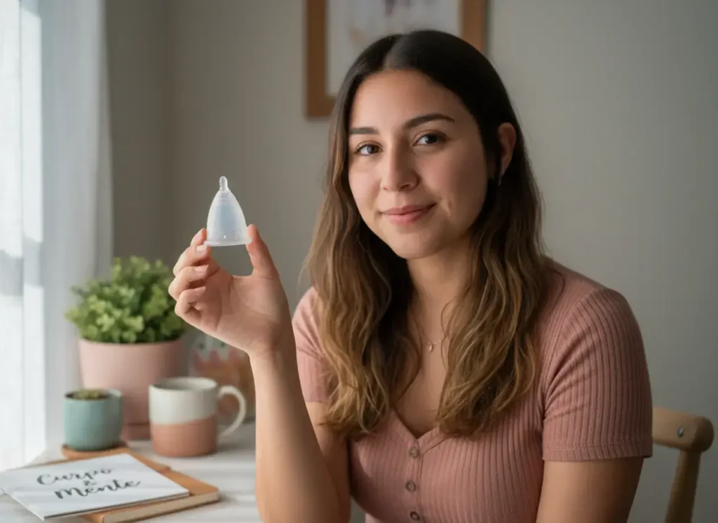 Mujer joven sentada junto a una ventana sosteniendo una copa menstrual Angelcup y sonriendo con naturalidad. En la mesa se observan una libreta, tazas y una planta, creando un ambiente cálido y acogedor que transmite bienestar, confianza y consciencia ecológica.