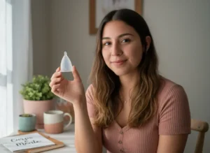 Mujer joven sentada junto a una ventana sosteniendo una copa menstrual Angelcup y sonriendo con naturalidad. En la mesa se observan una libreta, tazas y una planta, creando un ambiente cálido y acogedor que transmite bienestar, confianza y consciencia ecológica.