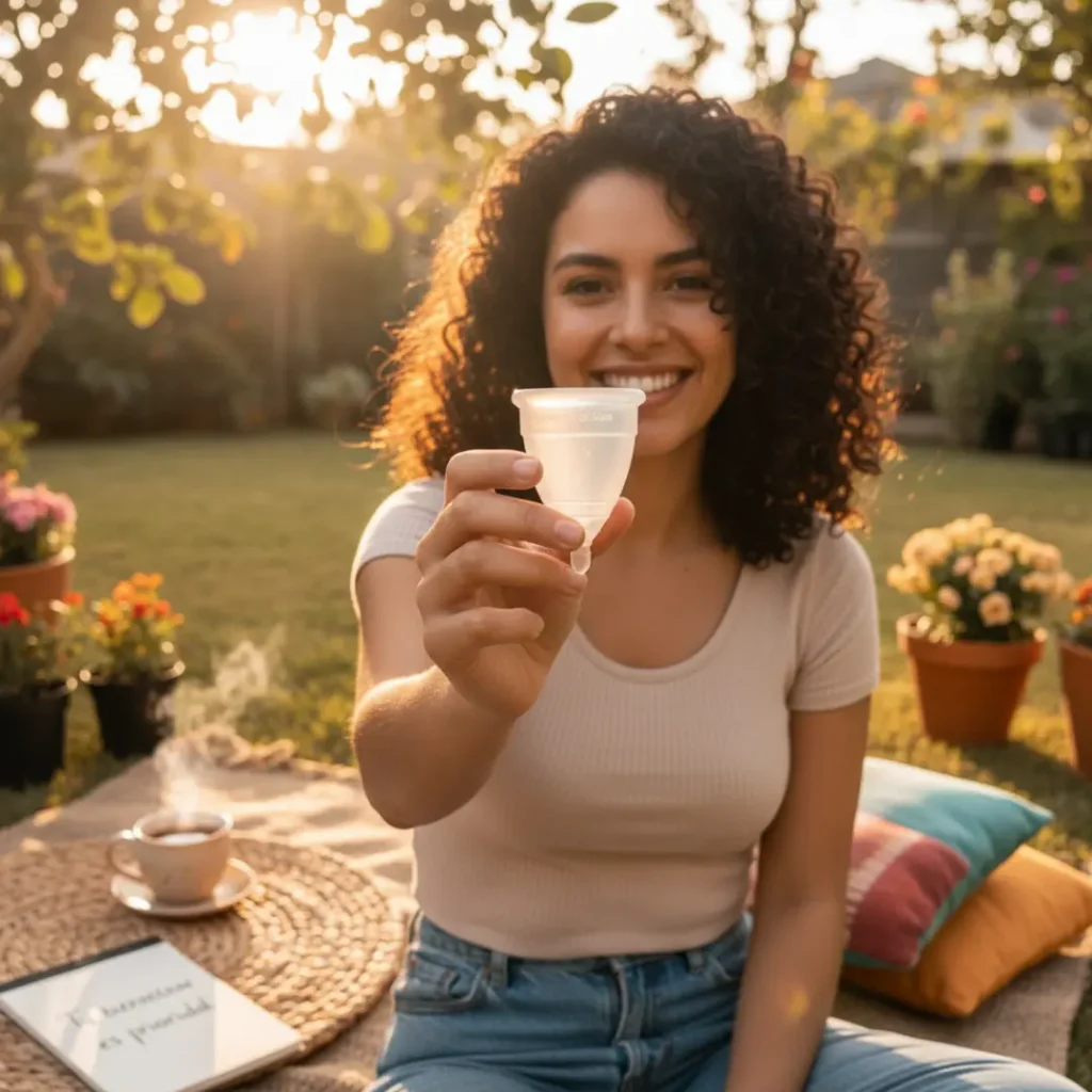 Mujer sonriendo al aire libre mientras sostiene una copa menstrual Angelcup con la mano extendida. Está sentada sobre una manta en un jardín iluminado por la luz del atardecer, rodeada de plantas, flores y una taza humeante, transmitiendo bienestar, libertad y conexión con la naturaleza.