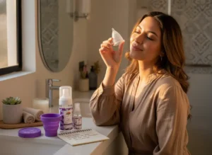 Mujer sentada en un baño iluminado por la luz del atardecer, sosteniendo una copa menstrual Angelcup con expresión relajada y satisfecha. Frente a ella se observan productos de la marca, como gel neutro, vaso esterilizador y spray limpiador, junto a una vela y una libreta con una frase inspiradora, transmitiendo calma, confianza y cuidado personal.
