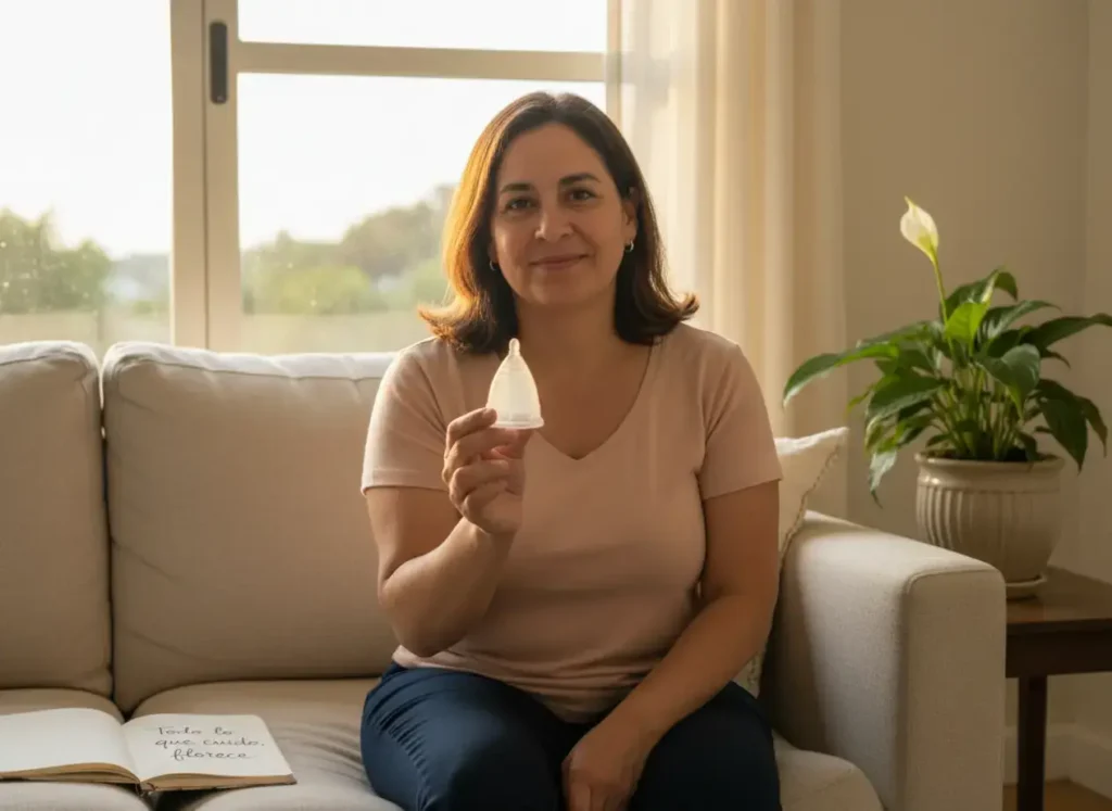 Mujer sentada en un sillón iluminado por la luz natural, sosteniendo una copa menstrual Angelcup con una expresión serena. A su lado, un cuaderno abierto con la frase “Todo lo que cuido, florece” y una planta verde, evocando calma, consciencia y bienestar femenino.