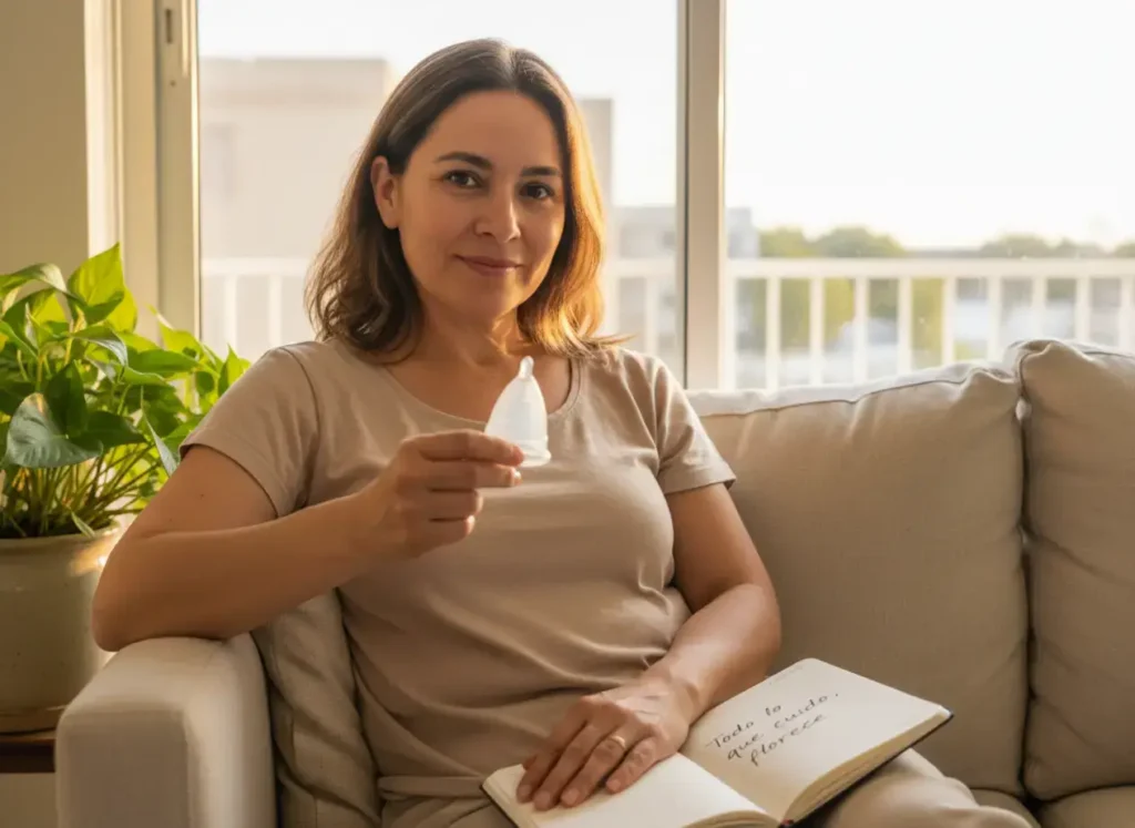 Mujer sentada en un sillón, sosteniendo una copa menstrual Angelcup mientras sonríe con serenidad. A su lado, una planta verde y un cuaderno abierto con la frase “Todo lo que cuido, florece”. La luz cálida del atardecer llena la habitación, evocando calma, confianza y bienestar.