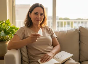 Mujer sentada en un sillón, sosteniendo una copa menstrual Angelcup mientras sonríe con serenidad. A su lado, una planta verde y un cuaderno abierto con la frase “Todo lo que cuido, florece”. La luz cálida del atardecer llena la habitación, evocando calma, confianza y bienestar.