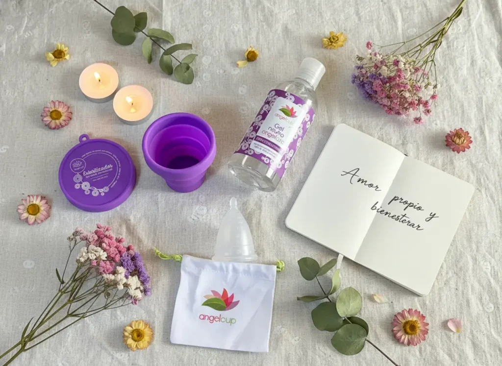 Disposición cenital de un kit Angelcup sobre una superficie clara con flores, velas y hojas verdes. Incluye una copa menstrual, estuche esterilizador morado, gel neutro y una bolsa con el logo de la marca. A un lado, un cuaderno abierto con la frase “Amor propio y bienestar”, transmitiendo equilibrio, autocuidado y consciencia ecológica.