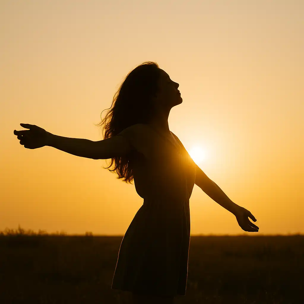 Silueta de una mujer con los brazos abiertos al amanecer, representando la libertad de un periodo consciente con Angelcup.