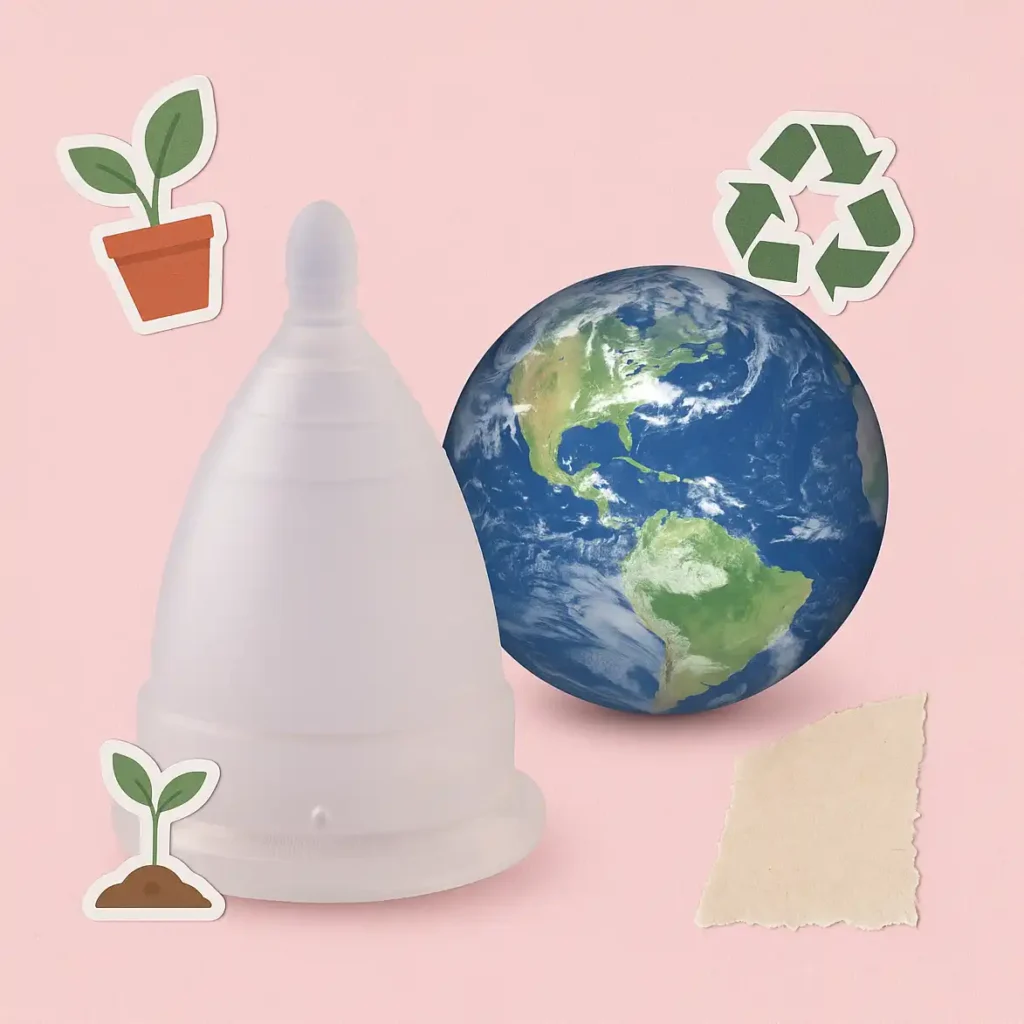 La copa menstrual Angelcup junto a una ilustración del planeta Tierra, representando una elección de menstruación sostenible y un impacto ecológico positivo.