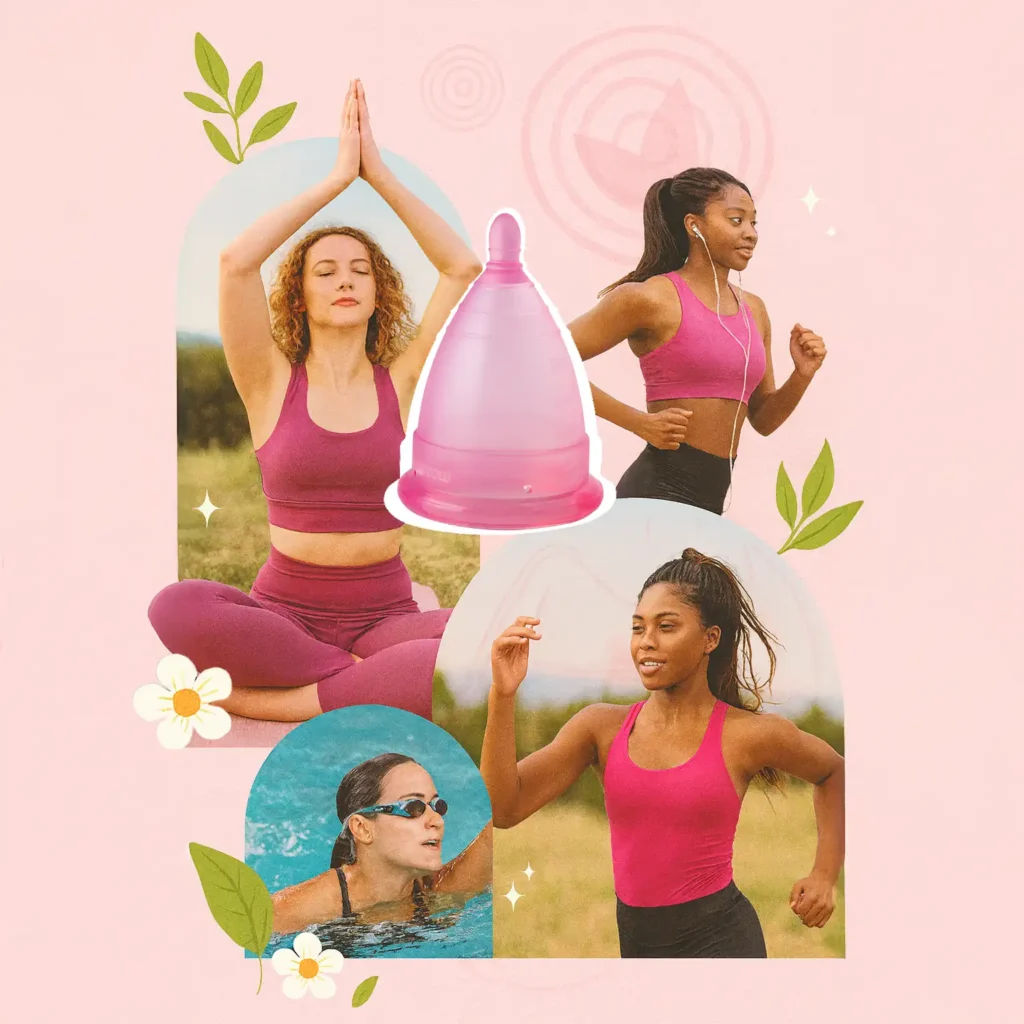 collage de mujeres disfrutando de la vida (nadando, corriendo, haciendo yoga) gracias a la libertad que ofrece la copa menstrual Angelcup.