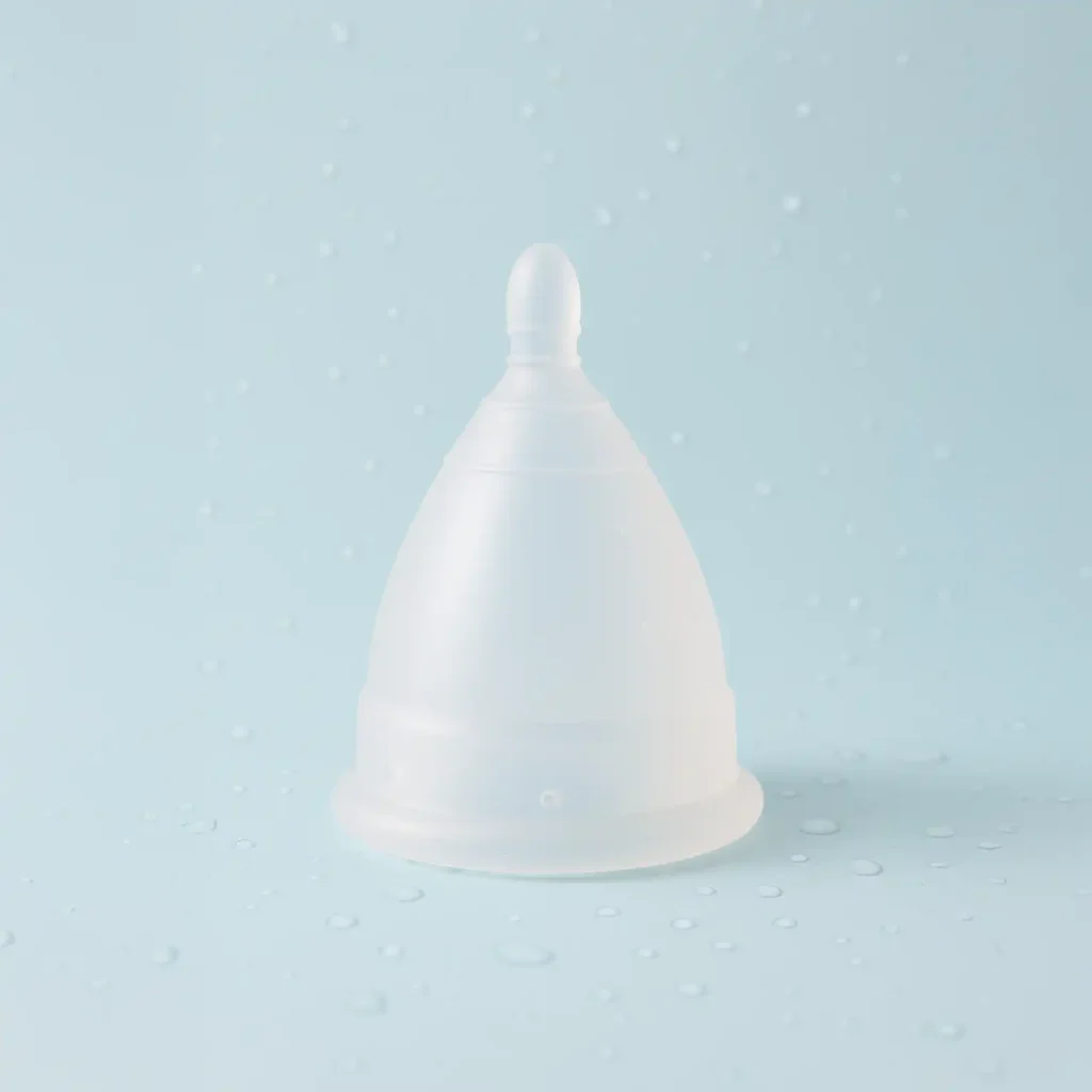 Diseño minimalista de la copa menstrual Angelcup sobre un fondo rosa suave, evocando limpieza, pureza y confianza.