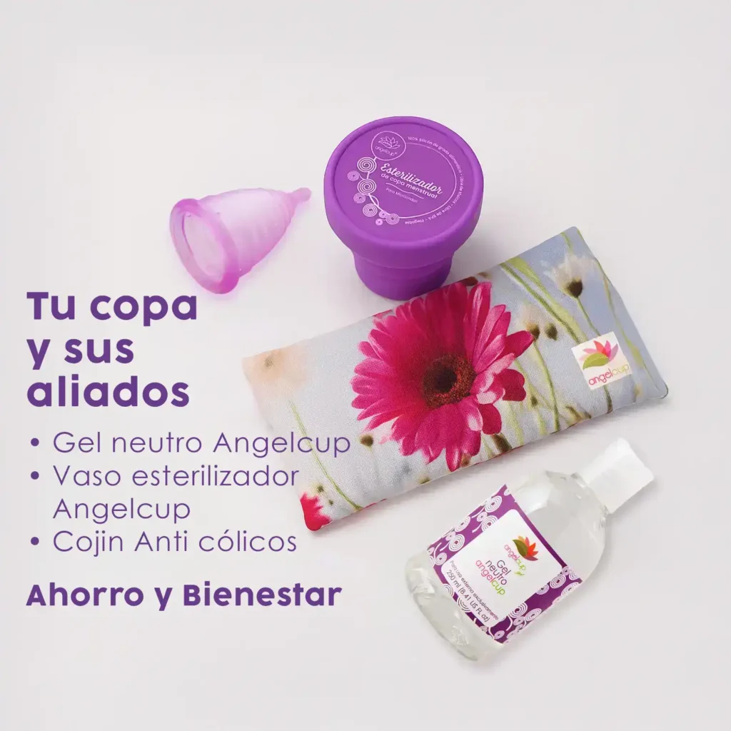 Kit de bienestar menstrual Angelcup: la copa, el vaso esterilizador, el gel neutro y el cojín anti cólicos como aliados para tu ahorro y comodidad.