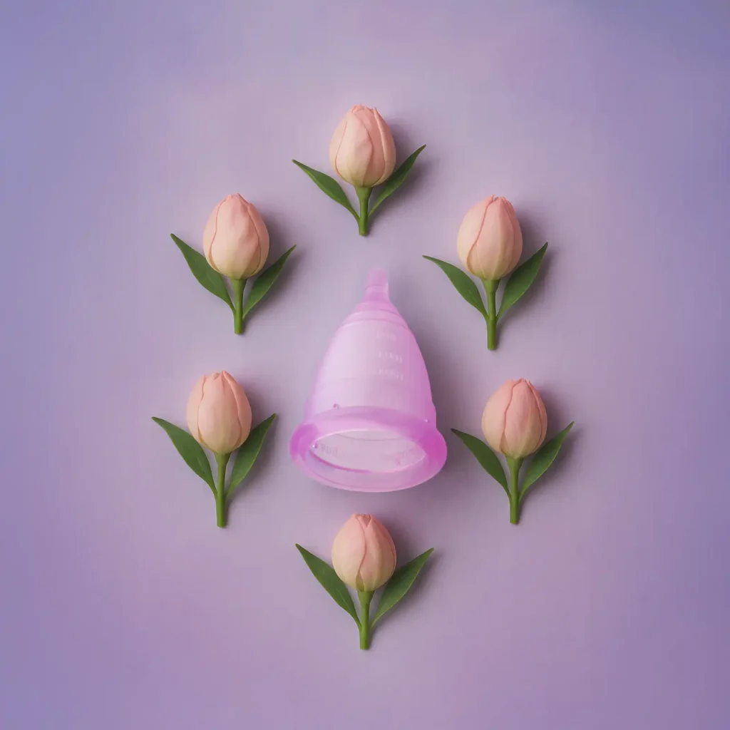 Copa menstrual Angelcup de color rosa, anidada suavemente entre tulipanes frescos, simbolizando un ciclo menstrual natural y delicado sobre un fondo lila.