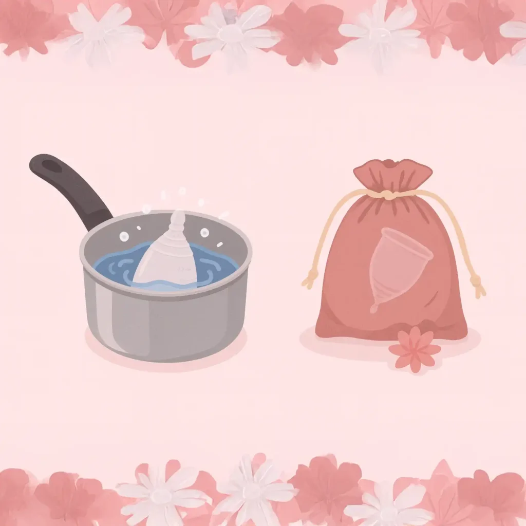 Imagen detallada de una copa menstrual Angelcup siendo esterilizada en su vaso esterilizador y guardada en su bolsita de tela transpirable.