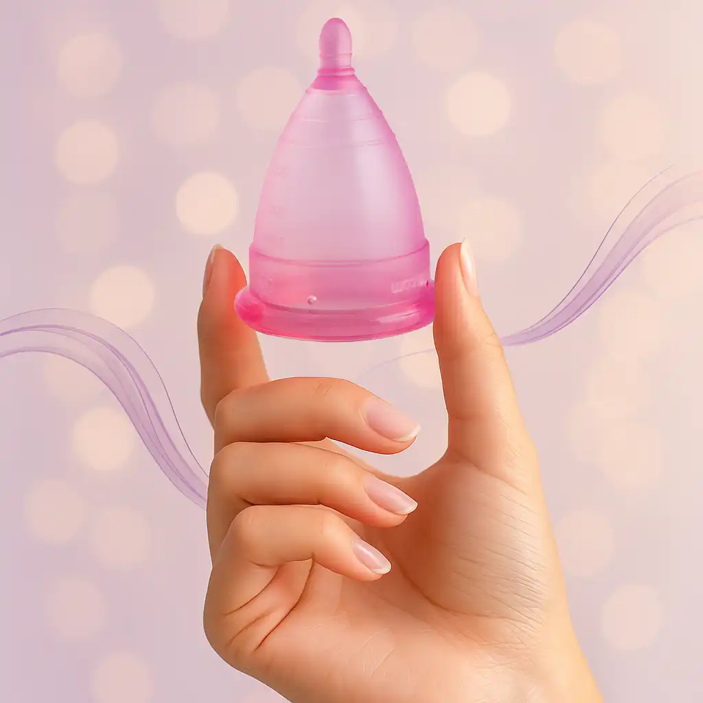 Ilustración de una mano sosteniendo una copa Angelcup, simbolizando el primer paso en cómo comprar una copa menstrual de forma consciente.