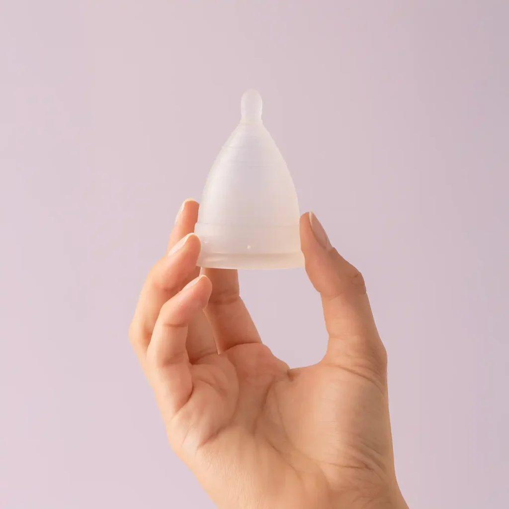 Manos de una mujer sosteniendo con delicadeza una copa menstrual Angelcup, lista para empezar un ciclo más consciente.