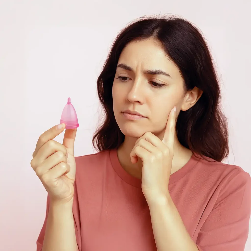 Mujer pensando mientras sostiene una copa menstrual, reflexionando sobre el cambio a métodos menstruales conscientes.