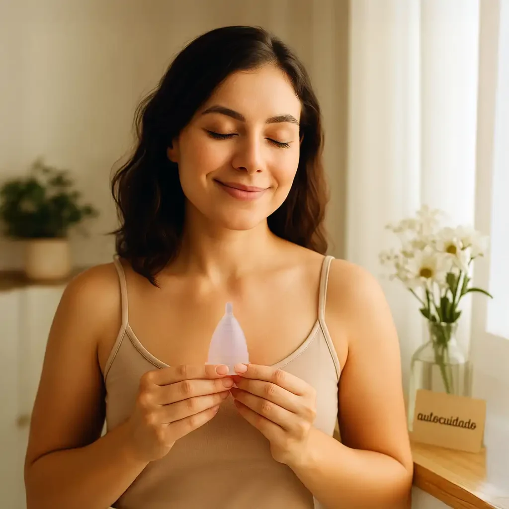 Mujer con expresión serena sosteniendo una copa menstrual Angelcup cerca de su vientre, representando el autocuidado y la conexión con su ciclo.