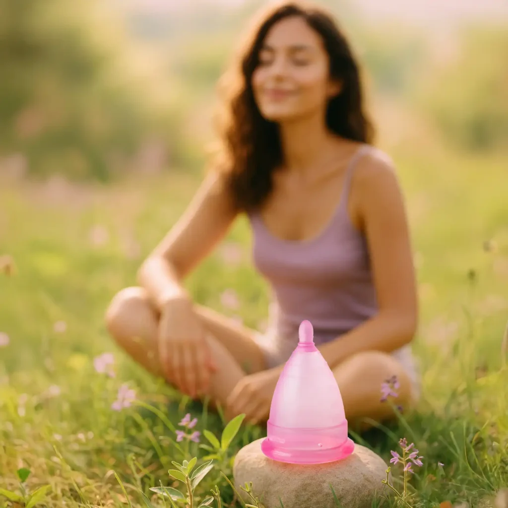 Mujer serena en la naturaleza junto a su copa menstrual Angelcup rosa, simbolizando un periodo en armonía y libertad.