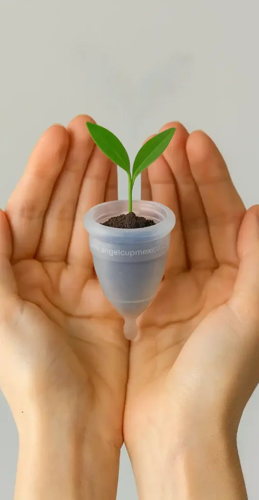 Manos de mujer sosteniendo con delicadeza una copa menstrual Angelcup de la que brota una pequeña planta verde, simbolizando el crecimiento, la sostenibilidad y el bienestar femenino.