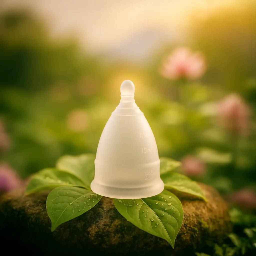 Copa menstrual Angelcup cristal translúcida sobre hojas verdes, iluminada con un halo cálido, representando salud, sostenibilidad y empoderamiento femenino.
