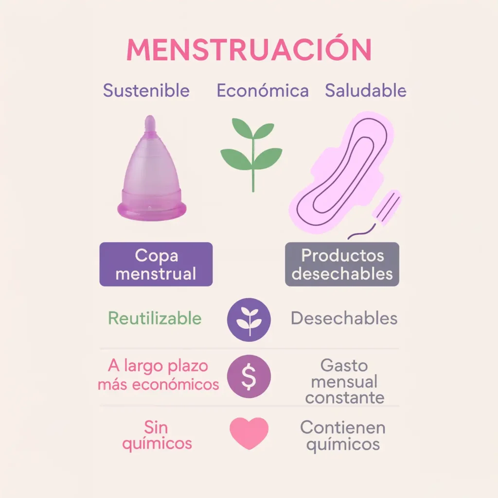 Infografía comparando los beneficios de la copa menstrual Angelcup (salud, ahorro, ecología) frente a los productos desechables.