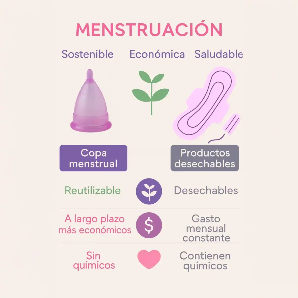 Comparativa visual del ahorro a largo plazo: una sola copa Angelcup equilibra el gran costo acumulado de toallas y tampones.